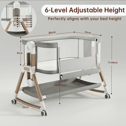 WinkleStar Baby Bassinet Bedside Sleeper with Mattress, 6-Level Height Adjustable Co Sleeper Bassinet, Rocking Baby Crib with Mosquito Net, 360° Wheels & Storage Basket – Premium Linen & Metal Frame
