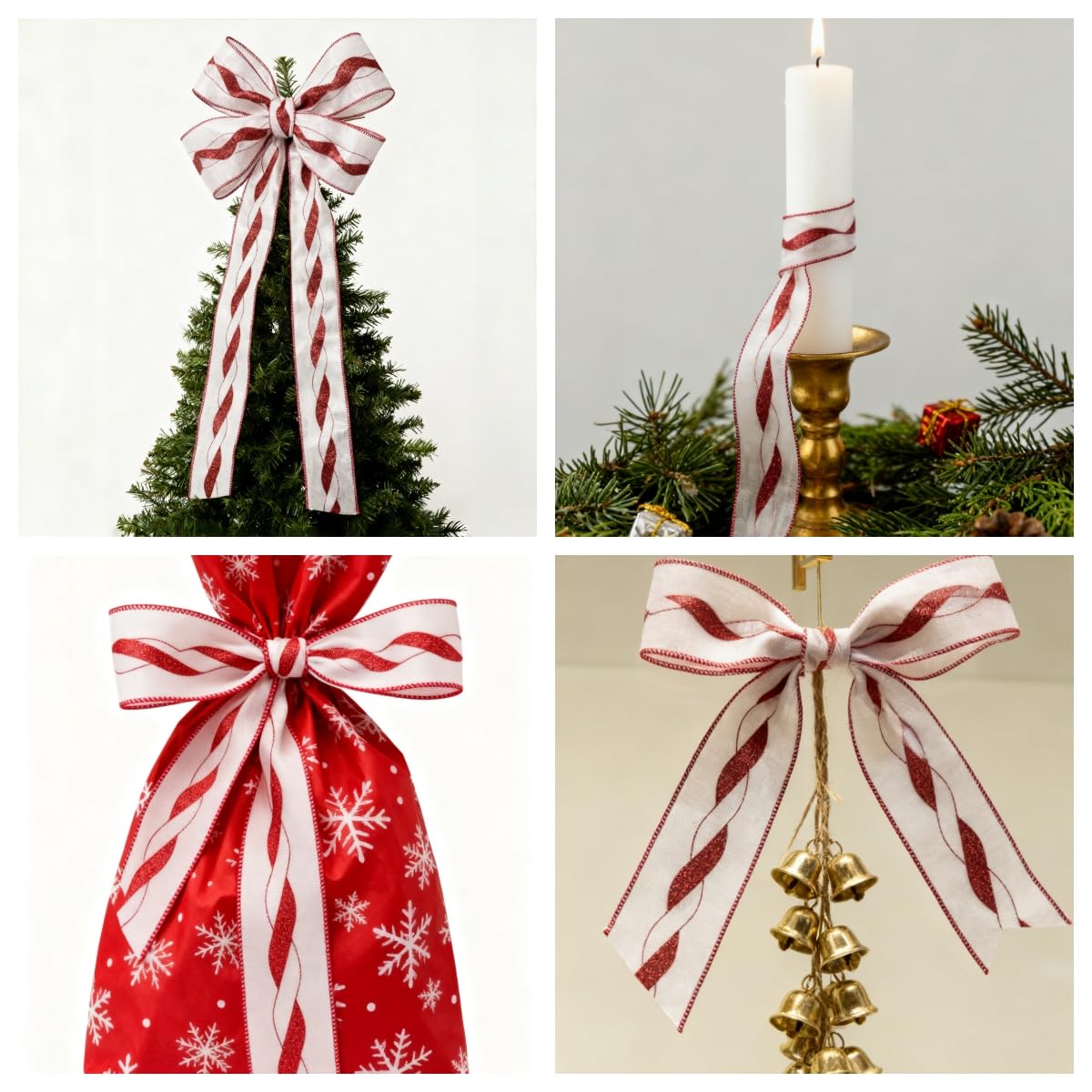 Meseey Red Green Christmas Tree Wired Ribbon 2.5 Inch x Total 30 Yards Red White Candy Cane Gift Wrapping Ribbons for Xmas Tree Wreath Bows DIY Craft Decoration