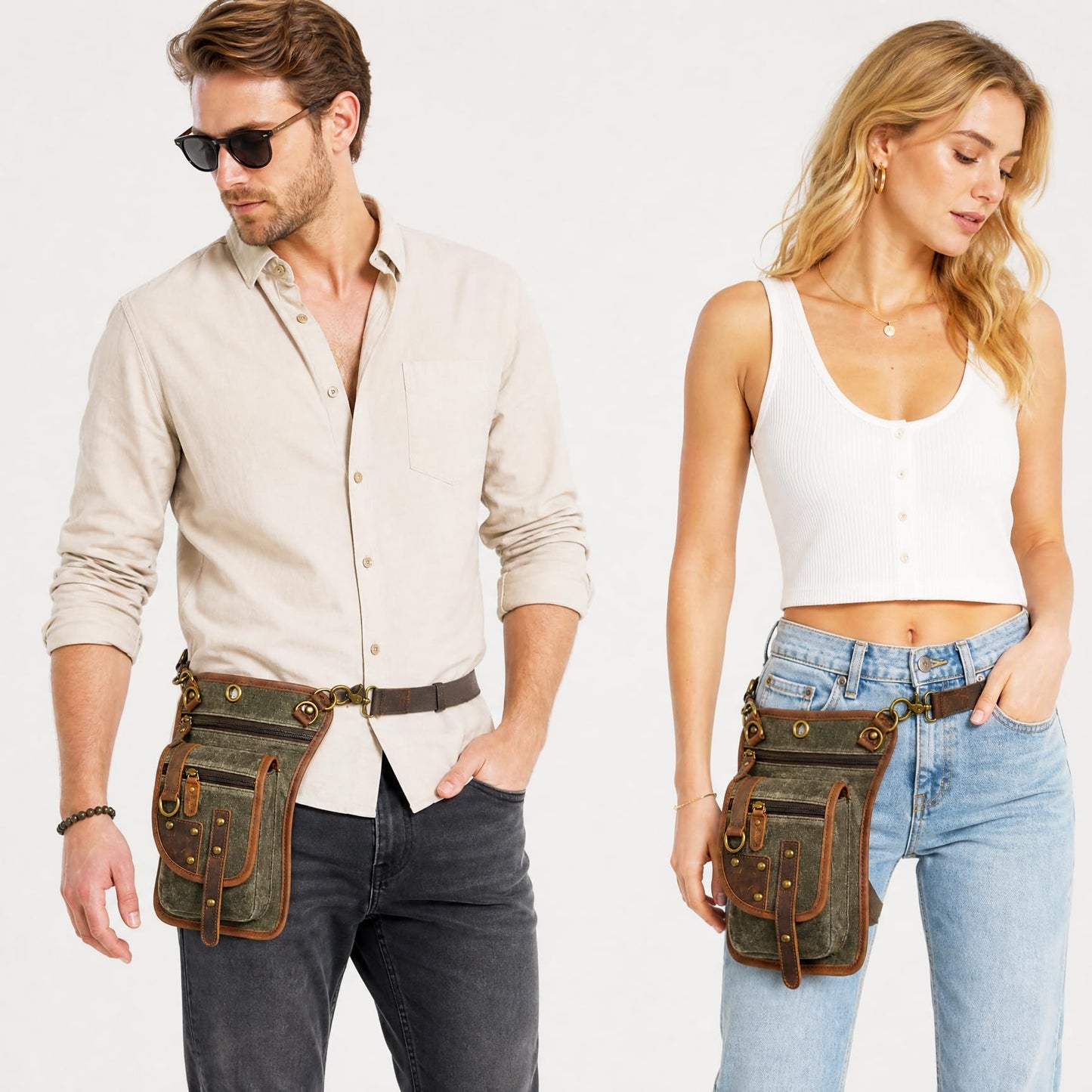 Handadsume Canvas + Leather Motorcycle Travel Fanny Waist Pack Drop Thigh Leg Bag Pouch For Men Women FB2141 (2141-The Army Green)