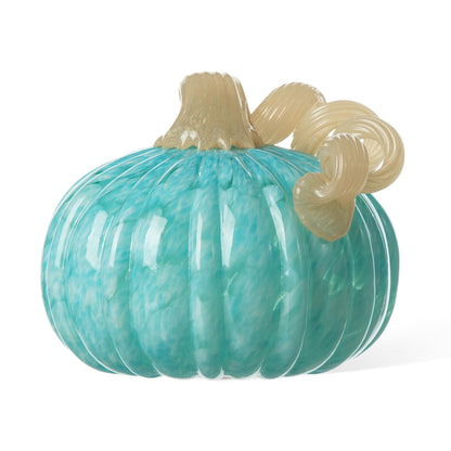 Glitzhome Hand Blown Glass Pumpkin Decor 5" Turquoise - Artisan Fall Harvest Thanksgiving Table Centerpiece Halloween Home Decor