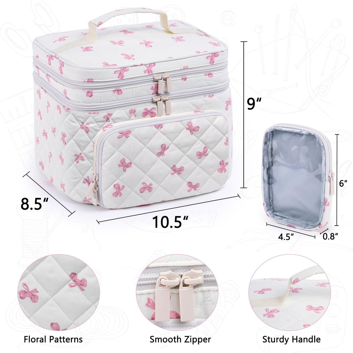 AMOIGEE Double-Layer Sewing Organizer Storage Bag with 2 Detachable Pouches, Large Quilted Sewing Basket for Supplies & Tools, Portable Travel Sewing Kit Case, Gift for Mom(Bag ONLY)