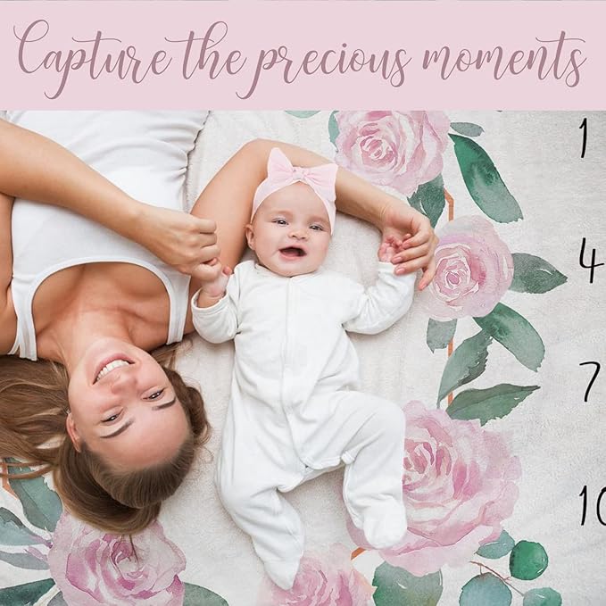 Baby Monthly Milestone Blanket for Baby Girl, Newborn Age Months Blanket Photo Prop with Growth Chart, Floral Wreath & Headband