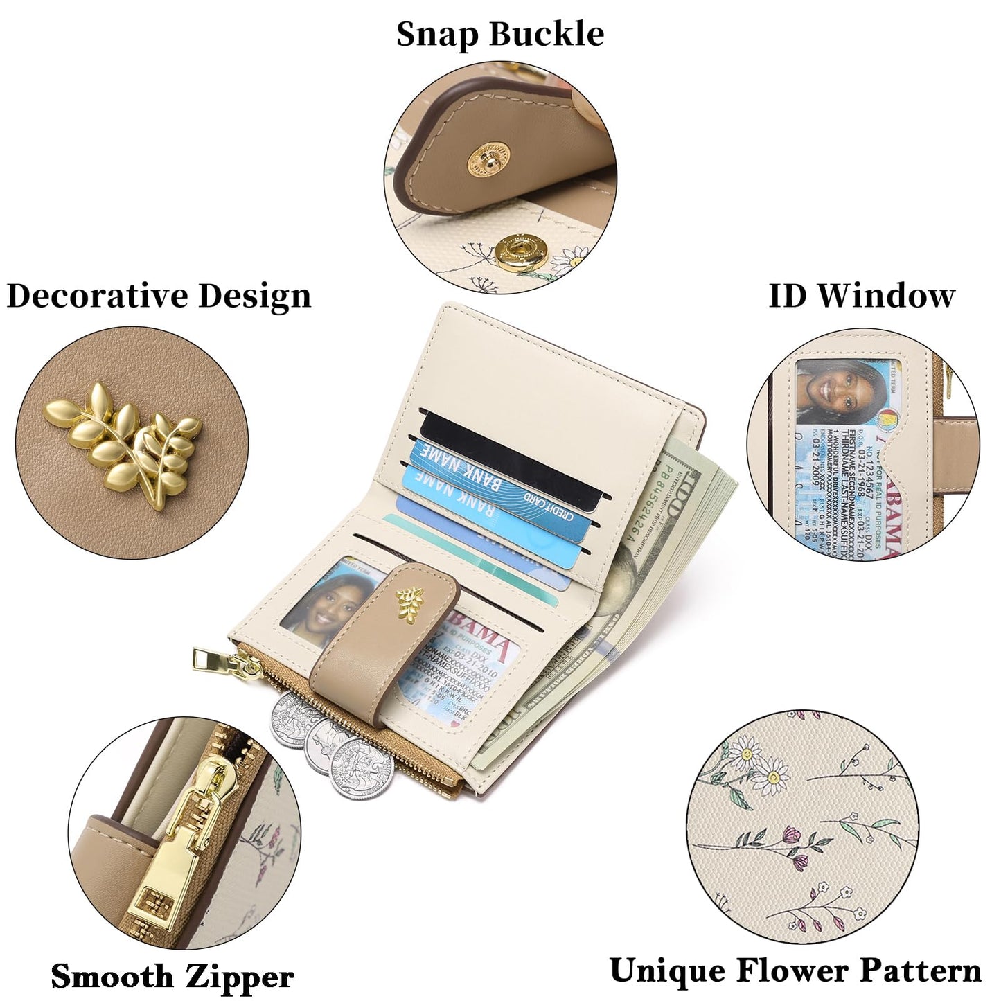 GAEKEAO Small Wallets for Women RFID Blocking Leather Bifold Zipper Pocket Wallet Credit Card Holder with ID Window