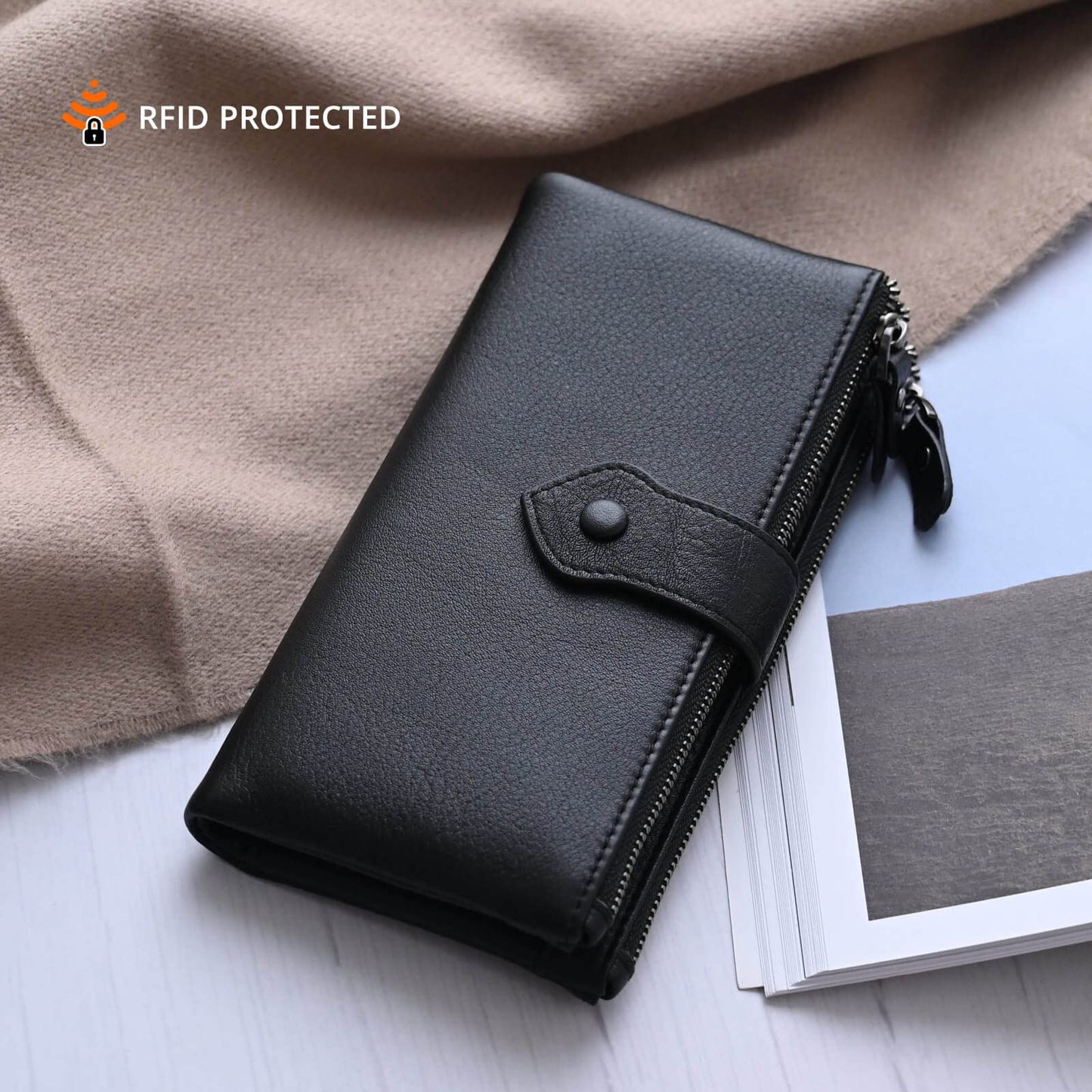 Bveyzi Women Soft Leather RFID Blocking Bifold Slim Wallets Ladies Credit Card Holder Double Zipper Pocket(Black)