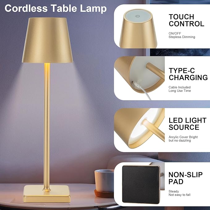 2 Pack Rechargeable Cordless Table Lamps, 5200mAh Battery Touch Table Light, Aluminum Shell Stepless Dimmable Portable LED Desk Lamp for Dinner/Restaurant/Outdoor Gold