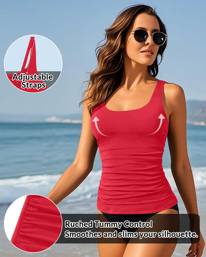 Aqua Eve Tankini Tops for Women Swimwear Top Only Tummy Control Bathing Suit Top No Bottom (Available in Plus) Red S