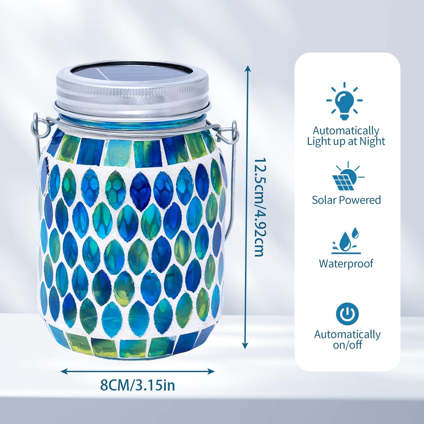 Rancco Blue Mosaic Solar Lantern Outdoor, Waterproof Hanging Solar Light, Glass Jar Style Mosaic Lamp for Garden Patio Decor, Solar-Powered Pathway Night Light, Unique Gifts for Women Mom Grandma