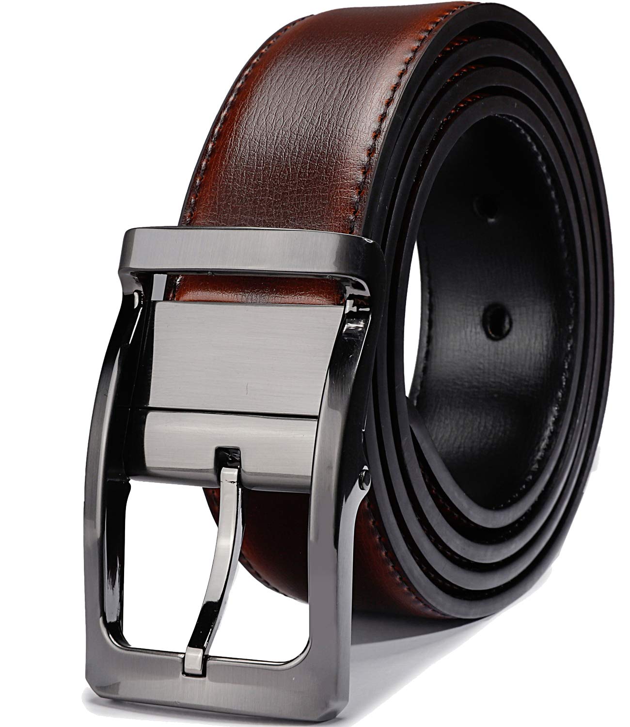 Belts for Men Reversible Leather 1.25” Waist Strap Fashion Dress Buckle Beltox (Rectangle Rotated Buckle with Burnt Umber/Black Belt, 28-30)