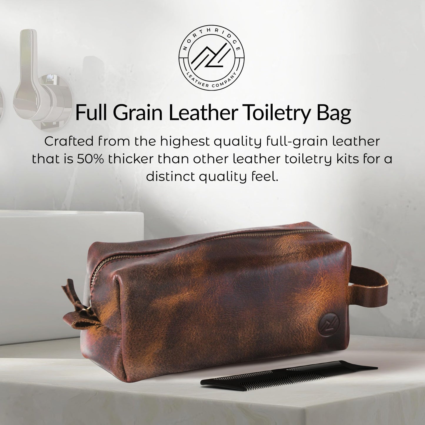 Northridge Leather Premium Leather Toiletry Bag For Men - Travel Bag, Shaving Kit Bag & Toiletry Organizer - Full Grain Leather (Double Zip, Antique)