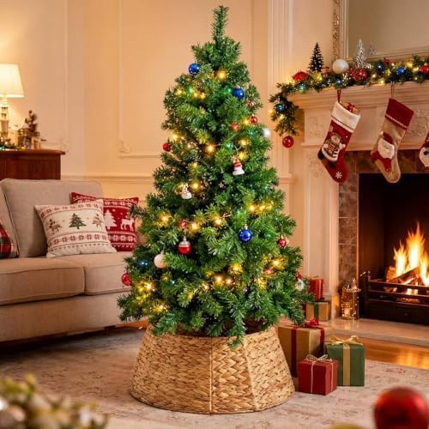 Sweetcrispy 24inch Christmas Tree Collar for 4-7ft Trees, Woven Hyacinth Rattan 4-Panel Collar w/Cord Access Hole & Easy Lock Design,Handwoven Natural