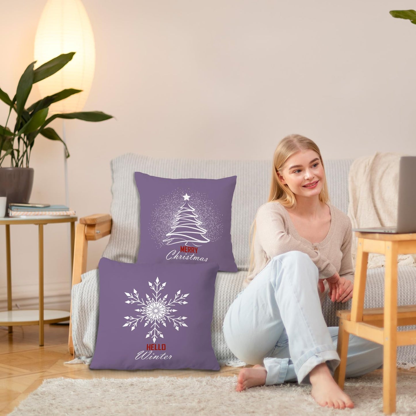 JINYO Purple Winter Christmas Tree Snowflake Pillow Covers 18x18, Purple Christmas Decor, Xmas Hello Winter Holiday Throw Pillow Covers for Home Living Room Bedroom Sofa Couch Set of 2