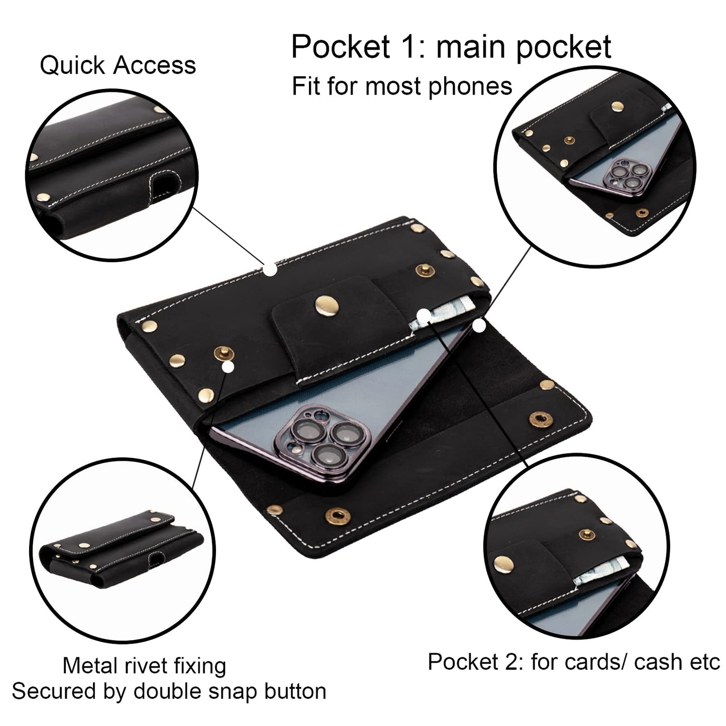 Topstache Leather Phone Holster with Belt Loop,Two Pockets Cell Phone Pouch, Leather Card Holder,Wallet for Cash and Phone, Phone Holder for iPhone 13 Pro Max,13 Pro,Black