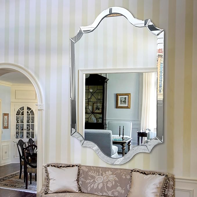 Chende Arched Wall Mirror with Beveled Edge and Glass Frame, 28" x 40" Decorative Mirror for Decor Living Room, Bathroom, Dining Room, Bedroom, Horizontal/Vertical Hanging