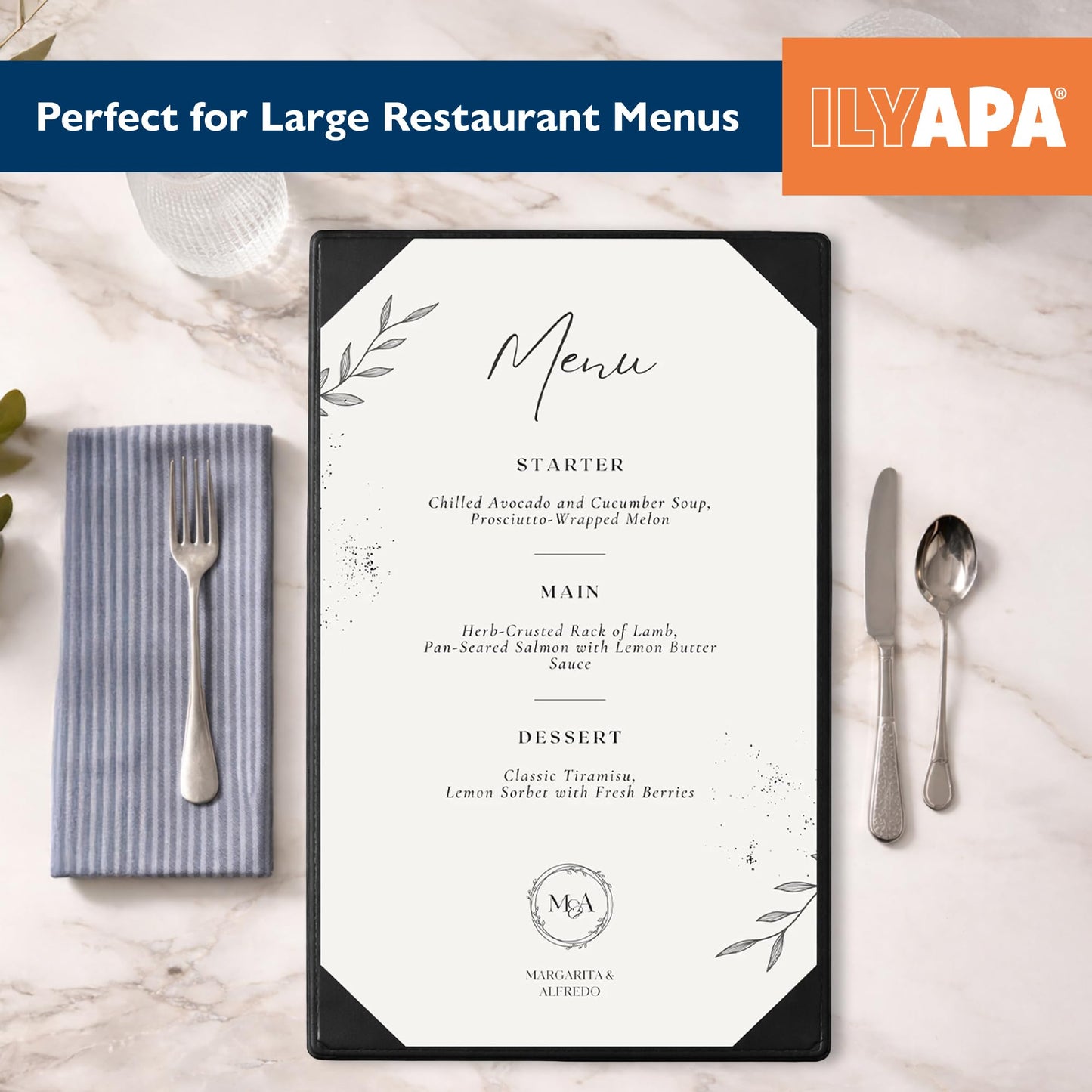 Ilyapa 10 Pack Restaurant Menu Covers 11 x 17 - Vinyl Leather Menu Holder, Single Sided Book with Corner Sleeves for Display of Wedding Menus, Weekly Kitchen Specials & Bar Drinks for Table Top