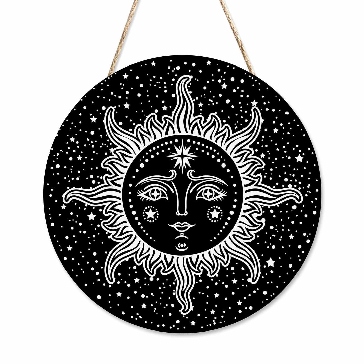 Beabes Farmhouse Front Porch Decor Door Hanging Black White Sun Stars 12in Round Wooden Hanging Housewarming Home Decor Present