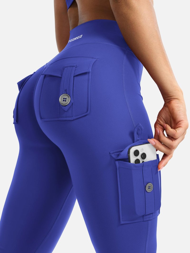 YEOREO CoreFlex Women Workout Flare Leggings with Pockets Hidden Scrunch Cargo Gym Yoga No Front Seam Leggings Dazzling Blue XXL