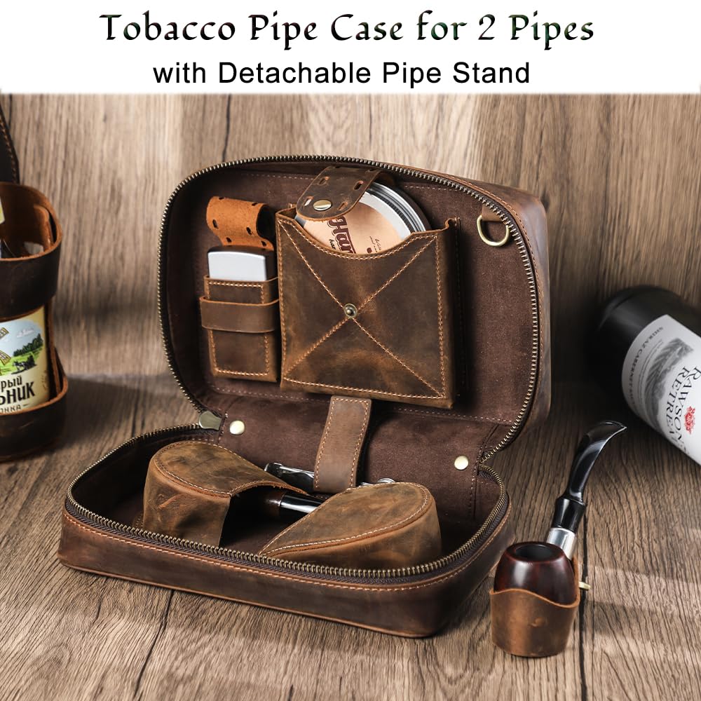 CONTACTS Pipe Tobacco Pouch with Pipe Stand Full Grain Leather Tobacco Pipe Accessories Bag Handmade Travel Organizer for 2 Pipes, Lighter, Cigarette