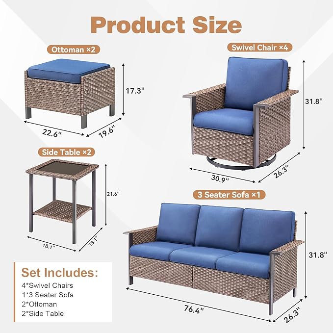Outdoor Patio Furniture Set-9 Pieces All-Weather Wicker 3 Seater Sofa with Swivel Rocker Patio Chairs Set of 4, Wicker Outdoor Conversation Sets for Porch Deck Backyard Garden Brown/Blue