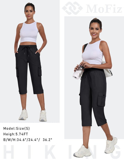 MoFiz Women's Cargo Capris Hiking Pants Lightweight Quick Dry Summer Outdoor Casual Travel Pants with Pockets Black 2XL