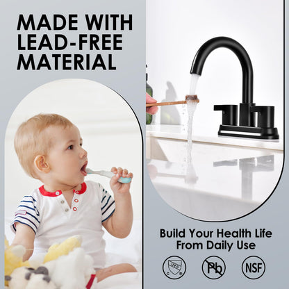 JAKARDA Two Handle 4 inch Black Bathroom Faucet, Bathroom Sink Faucet for 3 Holes with Pop-up Drain and 2 Supply Hoses, Lead-Free