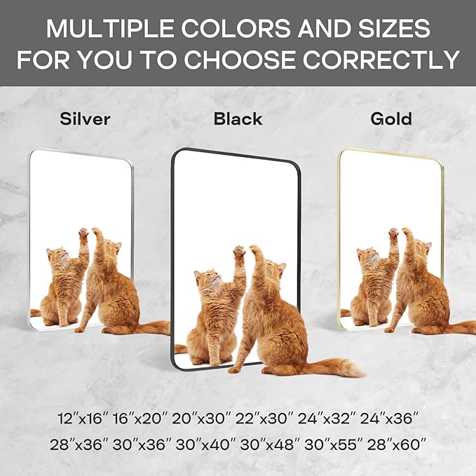 Wall Mount Mirror for Bathroom, Brushed Black Metal Framed Large Rounded Corner Rectangular Vanity Mirror, Tempered Glass, Anti-Rust, Hangs Horizontally or Vertically (30" x 40", Black)