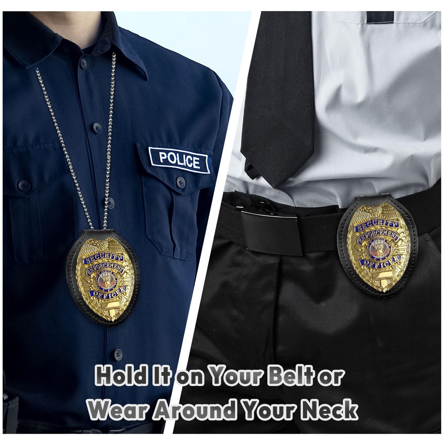 JRLCTECH Police Badge Holder, Law Enforcement Badge Holder, Made of Cowhide, Black Universal Badge Belt Clip Holder Include Metal Clip and Neck Chain
