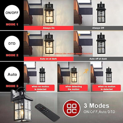 Porch Lights Outdoor with Remote Control: Motion Sensor Exterior Lighting Fixtures Intelligent 3 Lighting Modes Outdoor Wall Lights Sconce Lights for House Patio Front Door Garage