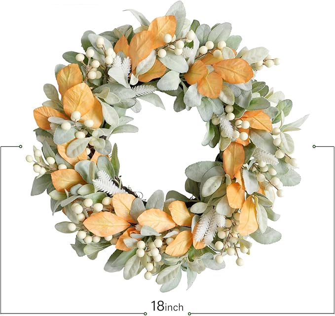 Idyllic Spring Wreath 20 Inches, Summer Wreath with Lambs Ear Leaves and Berries for Front Door Outside Farmhouse All Seasons Decoration Outdoor Fall Wreaths for Front Door