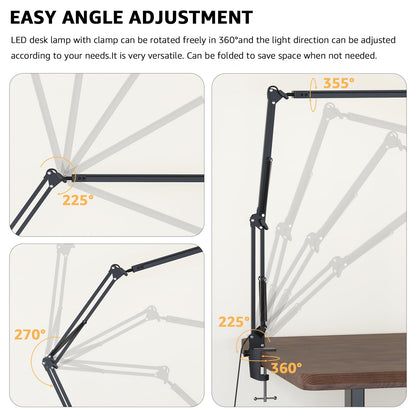Upgrade Swing Arm LED Desk Lamp with Clamp, 80 LED Beads, 5 Color Modes & 11 Brightness Levels, 360° Adjustable Arm, Eye-Caring Light CRI95, Timer & Memory Function, for Office, Study, Crafting