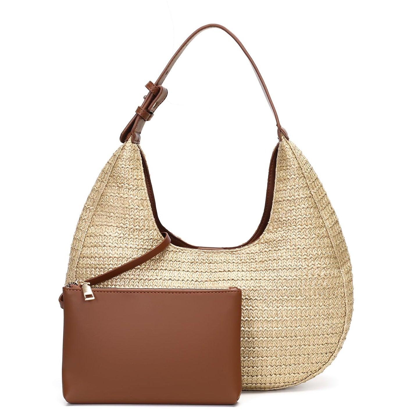 Herald Hobo Crescent Straw Handbag for Women, Summer Beach Tote Bag Purse Top Handle Satchel with Adjustable Strap (Brown)