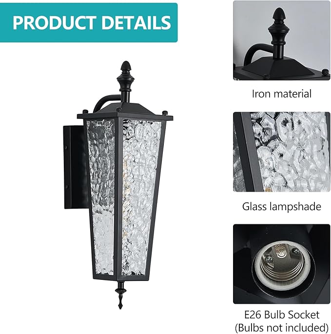 Outdoor Wall Light,Black E26 Base 16.7in - Exterior Waterproof Lantern Metal with Clear Glass,Farmhouse Porch Sconce Wall Mount Lighting,for Garage,Patio,Front Door,Entryway