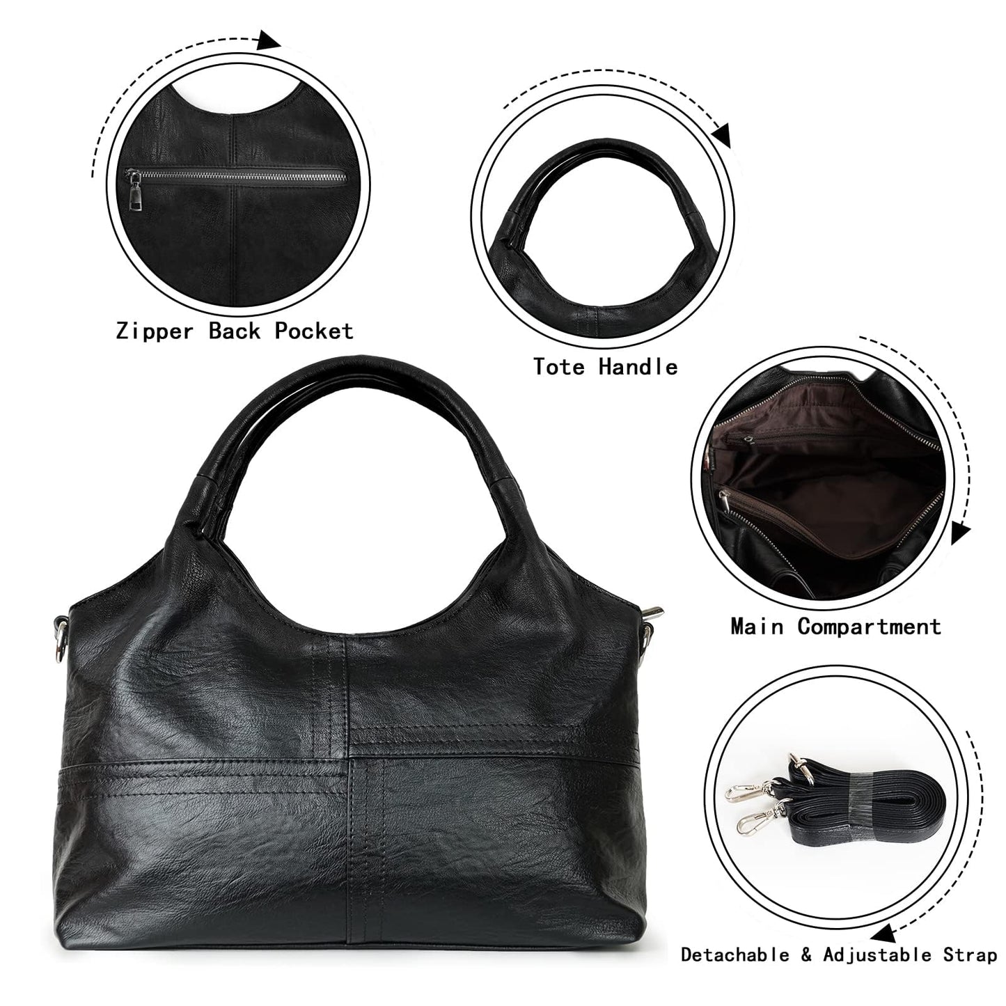 KOGTLA Vegan Leather Purses for Women with Detachable Satchel Strap, Ladies Handbags, Tote Hobo Bags with Top Handle Black