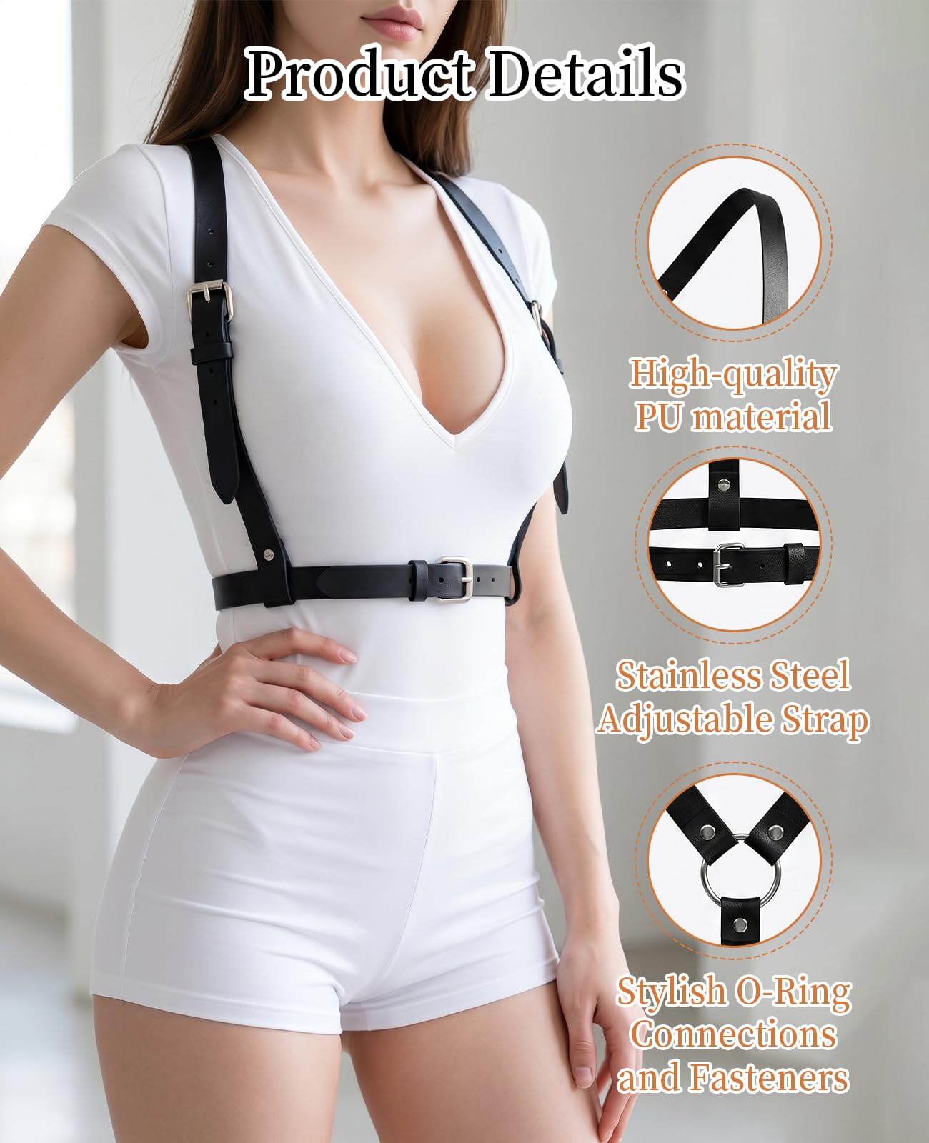 Waaqkid 2 PCS Leather Harness for Women Set, Adjustable Black Punk Body Harness Belts Goth for Halloween Cosplay Party