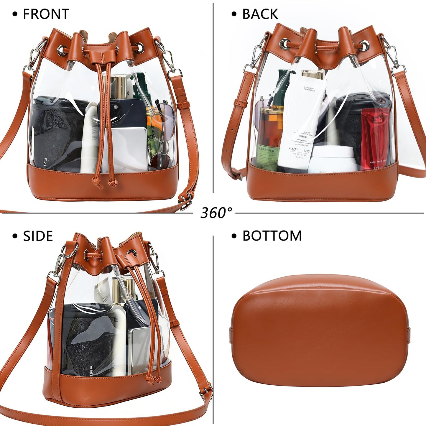 ArtiSoul Clear Bag for Stadium Approved, Clear Crossbody Bucket Bag Transparent PVC Purse for Women, Concert Stadium Events (Brown)