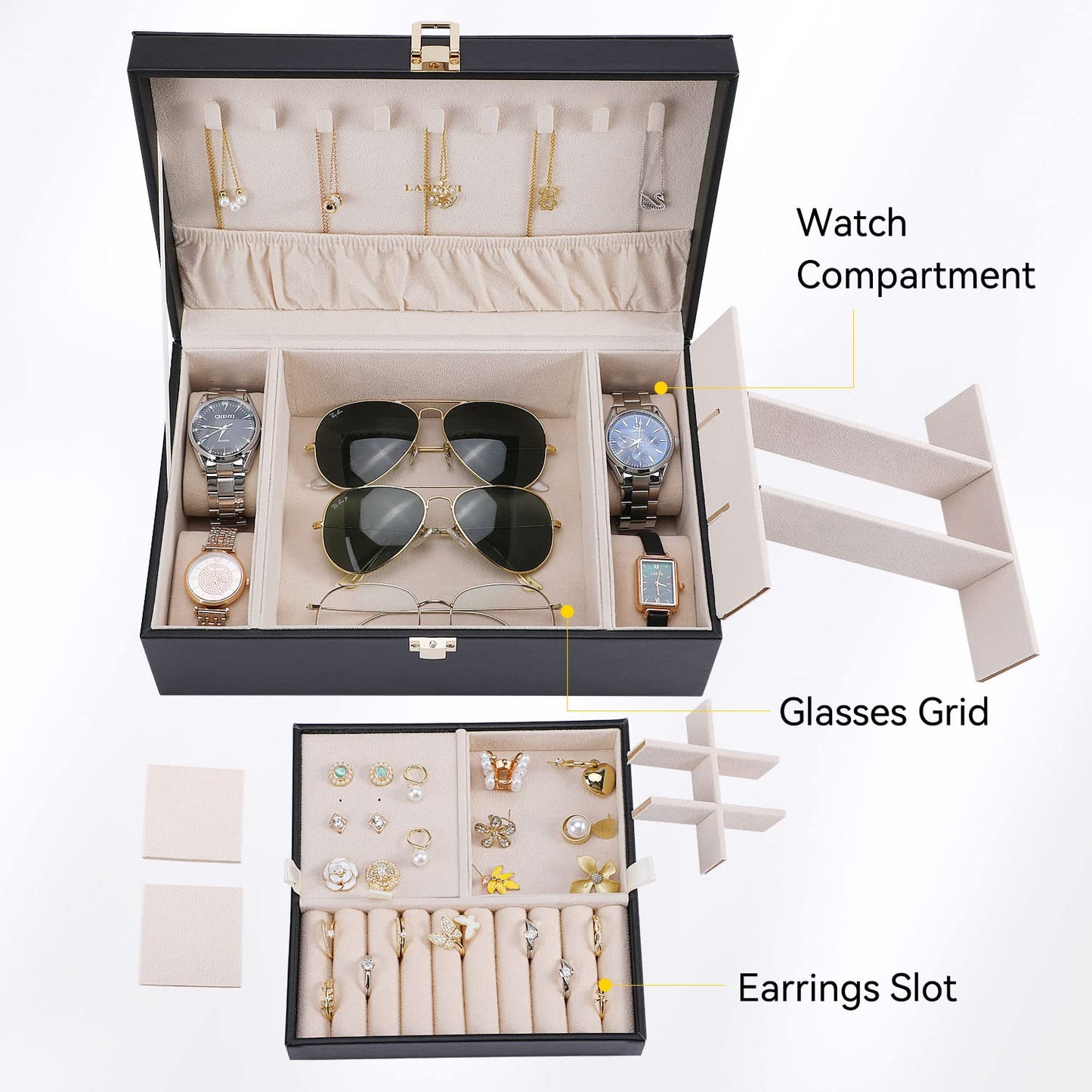 LANDICI Jewelry Box Organizer for Men Women, 2 Layer 4 Slot Watch Storage Case with Removable Tray, PU Leather Large Jewellery Holder Display for Watches Sunglasses Rings Earrings Necklace, Black