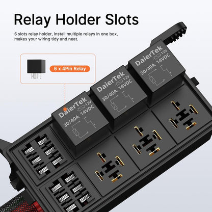 DaierTek 12V Relay Box 6 Way12 AWG Pre-Wired Waterproof Relay Box 6 Slot ATC/ATO Fuse Relay Block Universal Relay Panel for Automotive Car Marine Boat