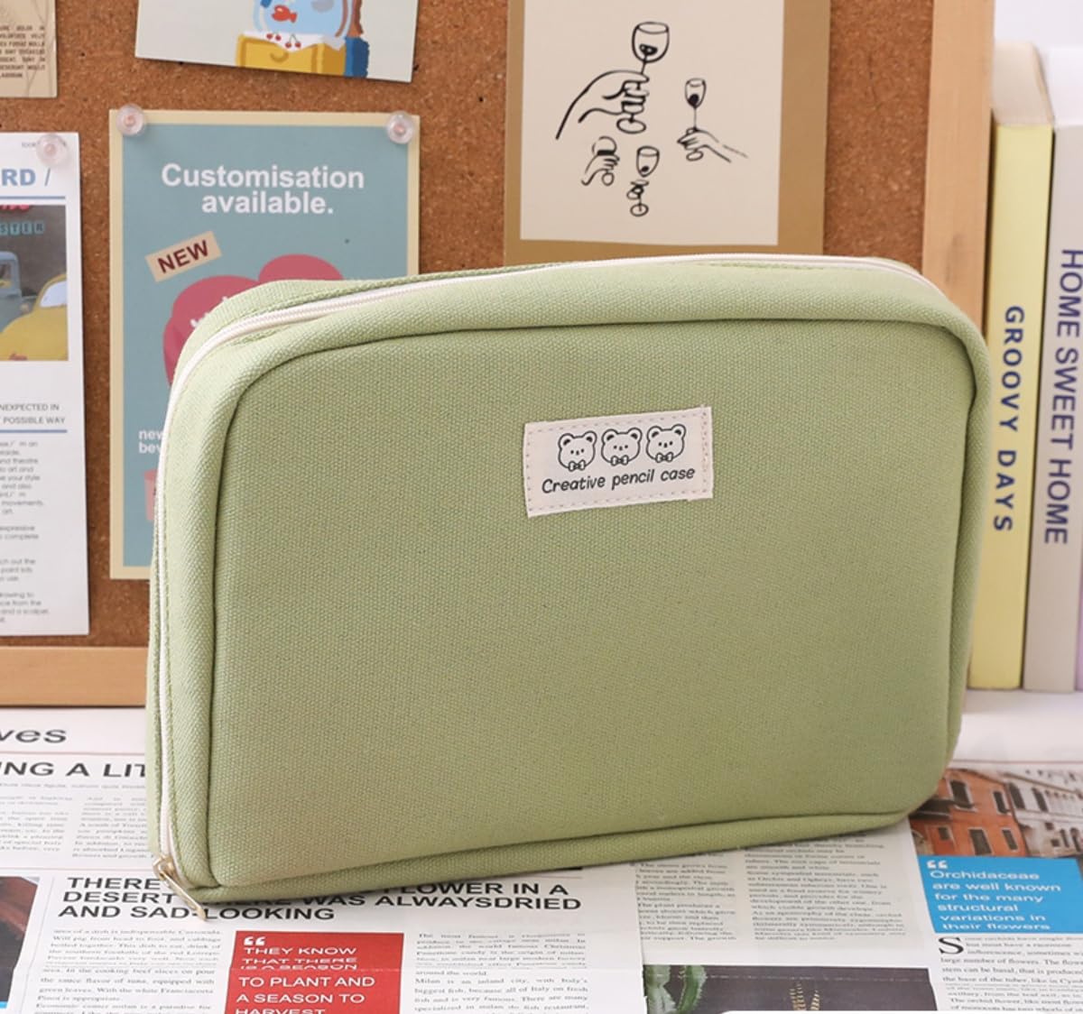 Fcteap Pencil Case Pouch Box Cute Kawaii Large Capacity Aesthetic Zipper Pen Holder Organizer Bag for Office Workspace Supplies Desk Accessories Travel (Green)