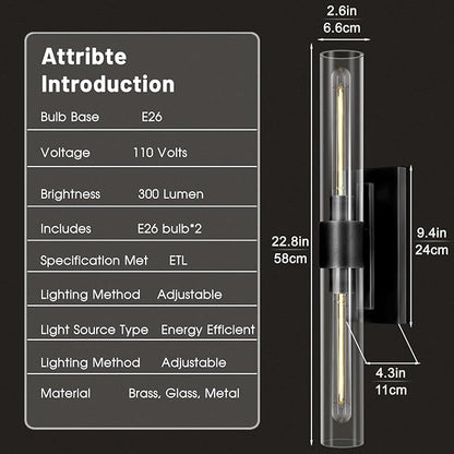 Bronze Vanity Light Sconce, 2-Light Bathroom Wall Sconce Over Mirror, Black Vanity Lights for Bathroom, Dimmable Wall Sconces with Glass Tube, Indoor Linear Wall Sconce for vertical and horizontal