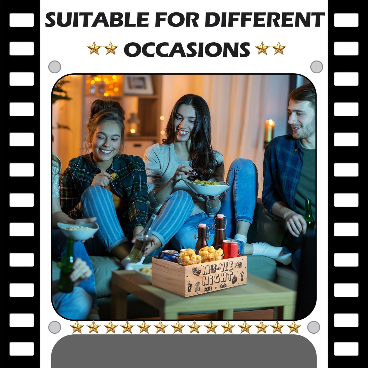 Sliner Movie Night Snack Trays with Handles Reusable Wood Movie Gift Basket Popcorn Bucket Bowl Box Container for Cinema Party Family Theater Christmas Countertop Chips Candy Popcorn Kitchen Supplies