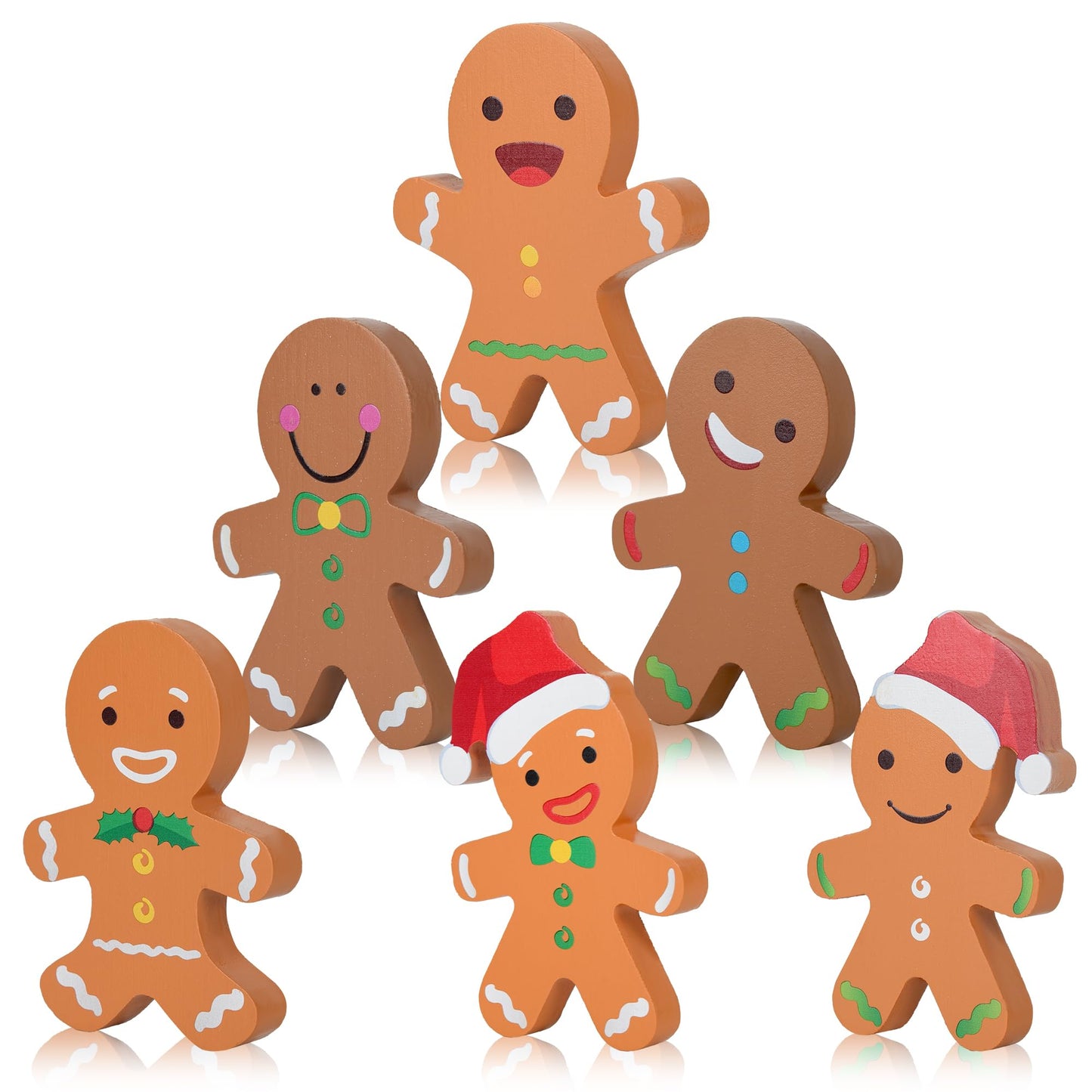 AllReal 6 Pcs Gingerbread Christmas Decorations Xmas Gingerbread Man Wooden Signs Farmhouse Decorative Winter Tabletop for Tiered Tray Holiday Party House Decor