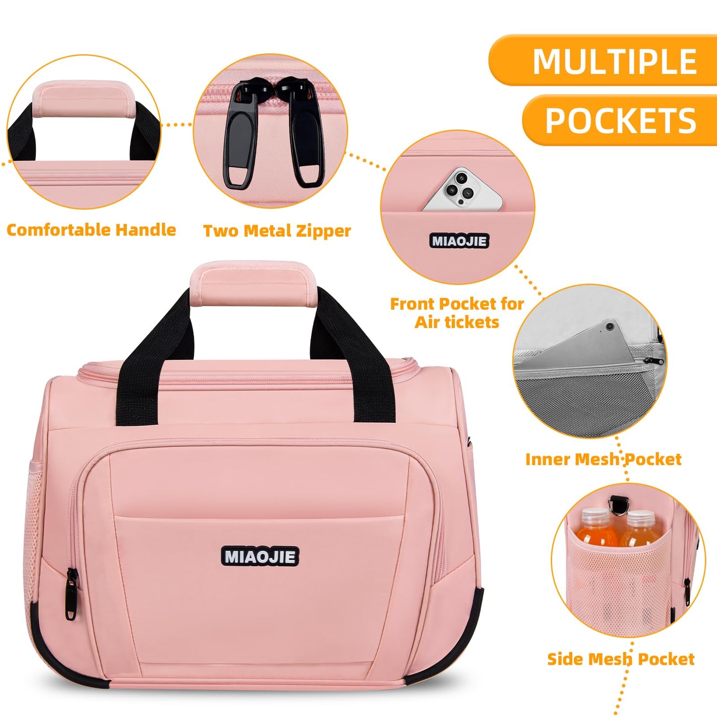 Underseat Carry On Luggage - Lightweight Travel Tote Weekender Bag Overnight Duffle for Travel, Personal Item - Pink-16Inch