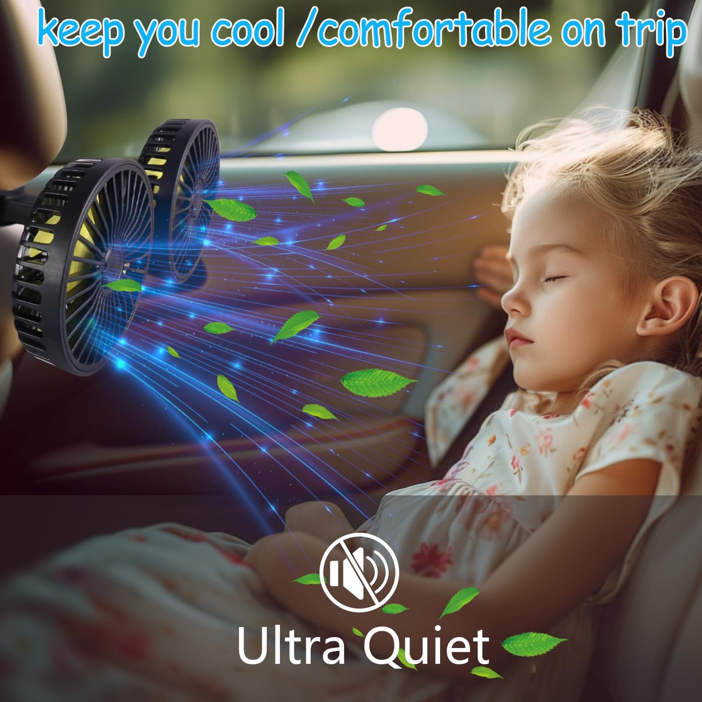 HUENLYEL Car Backseat Fan for Backseat Kids, Dual Head Usb Car Headrest Fan for Car Backseat Kids (No Battery)