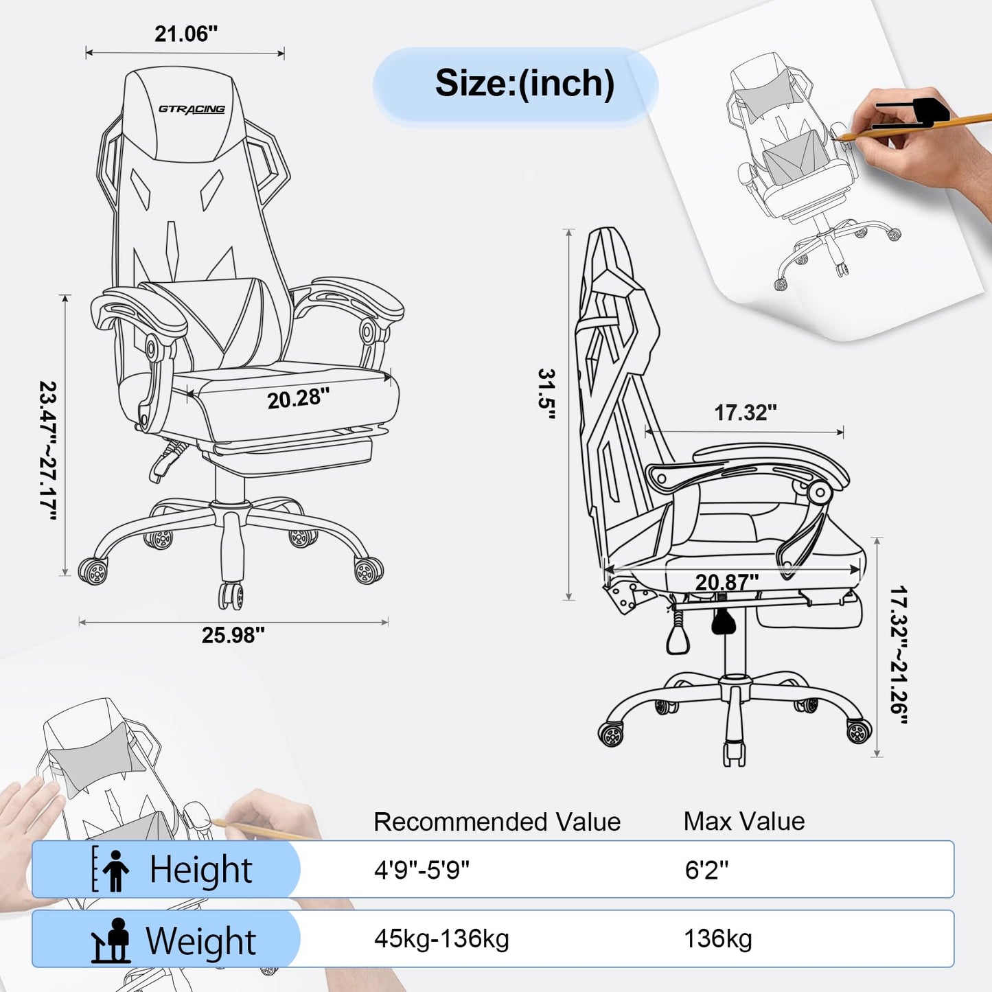 GTRACING Gaming Chair, Computer Chair with Mesh Back, Ergonomic Gaming Chair with Footrest, Reclining Game Chair with Adjustable Headrest and Lumbar Support for Gaming and Office (White)