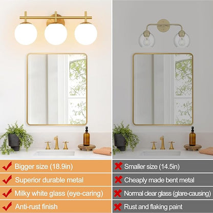 3-Light Bathroom Light Fixtures, Brushed Gold Vanity Lights for Bathroom with Milky White Glass Ball Shades, 18.9 inch Bathroom Lighting Fixtures Over Mirror, Wall Sconce for Bedroom (Exclude G9 Bulb)