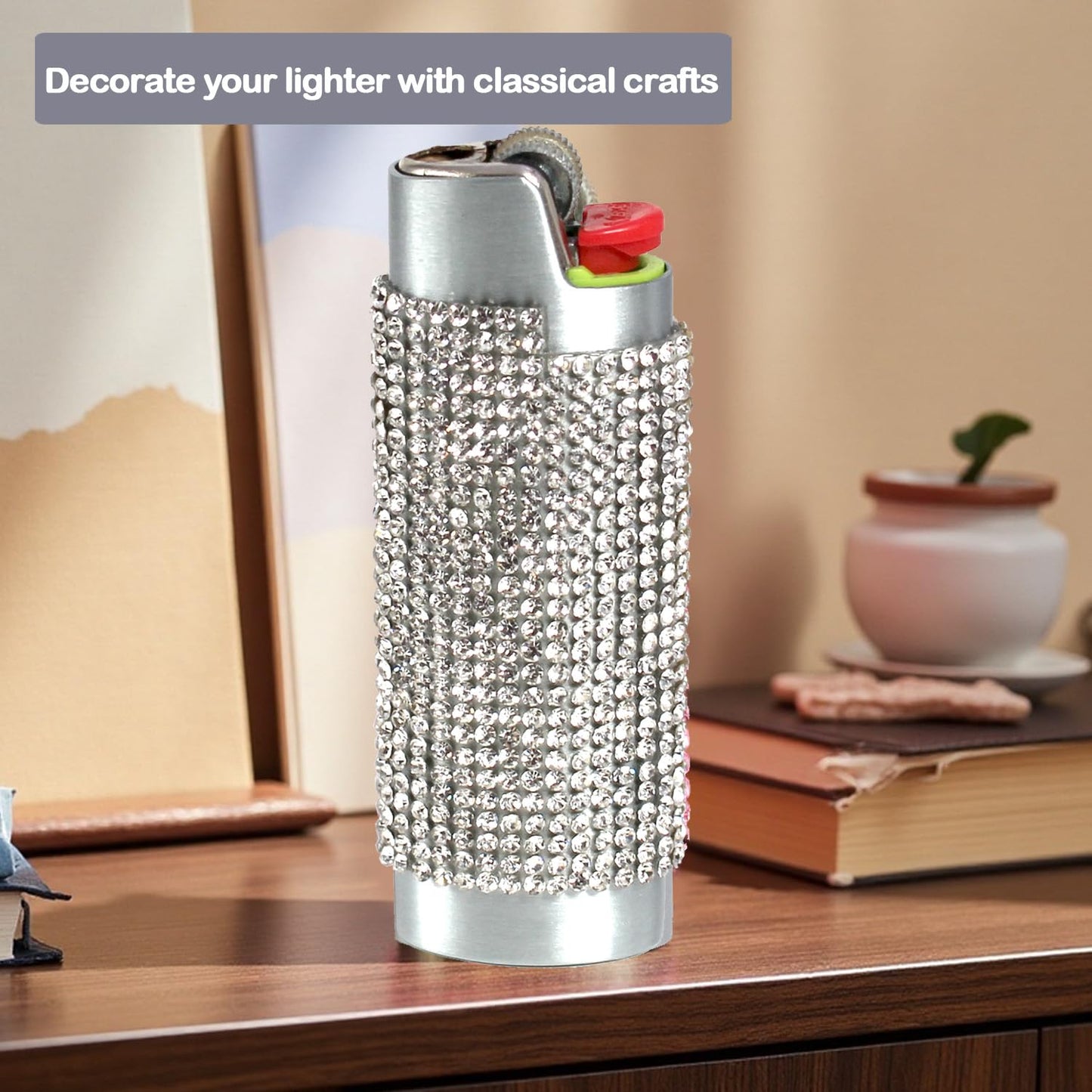 HUMWE Bling Rhinestone Crystal Lighter Case Cover Sleeve Metal Shiny Lighters Holder for Bic Standard Size Lighter J6 (Silver)