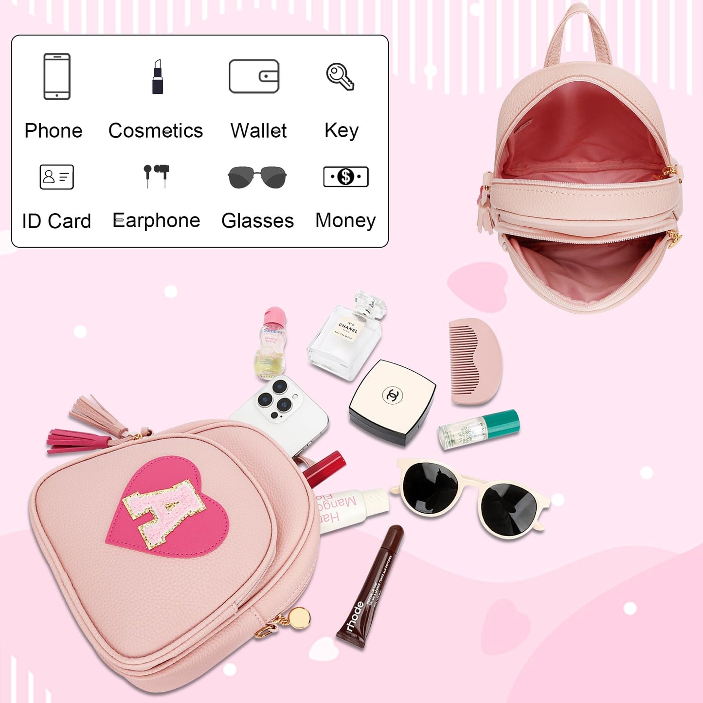 CLOUDWINGS Birthday Gifts for Kids Gifts for Girls Little Girl Initial Mini Heart Backpack Purse Crossbody Bag with Tassel，Pink-A
