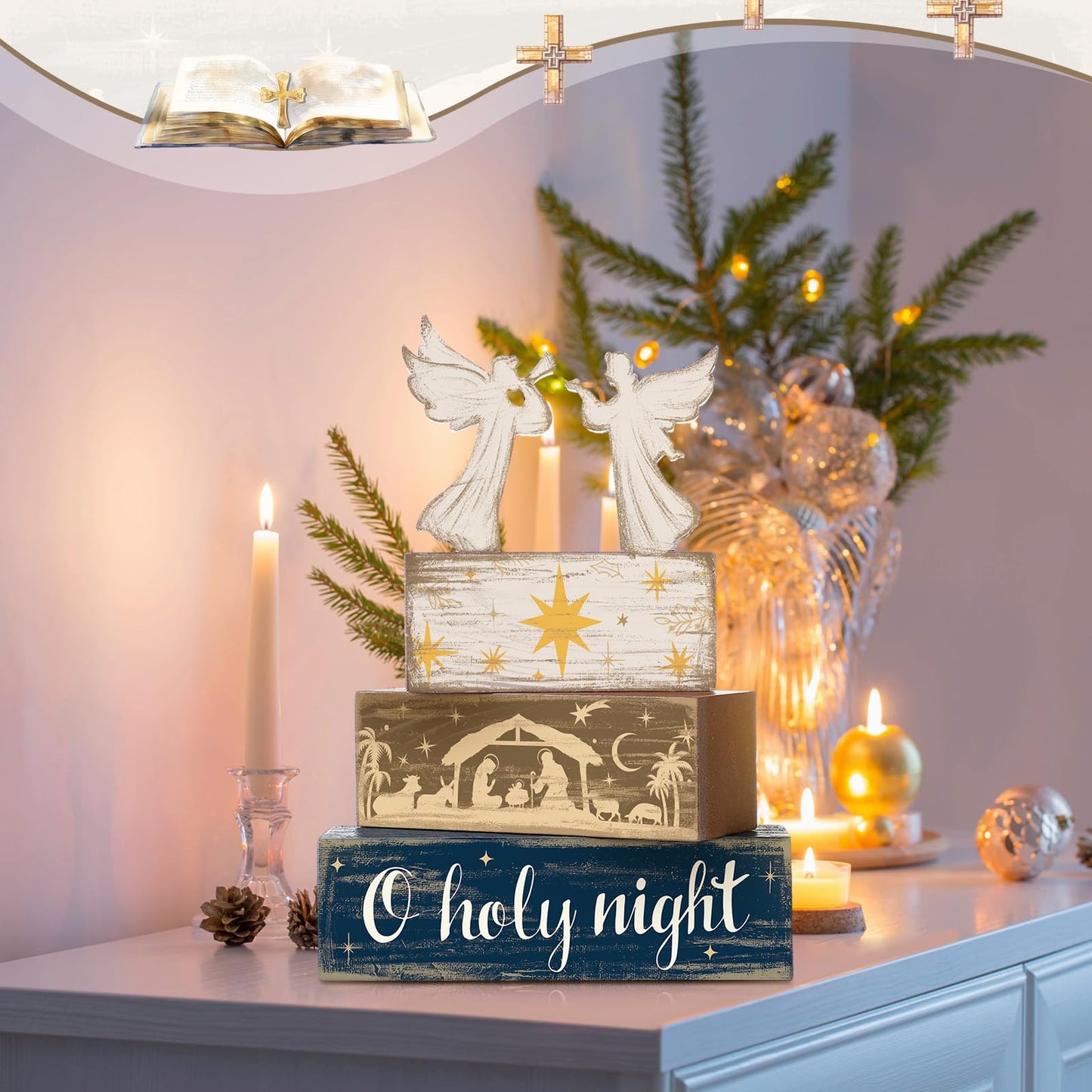 Moucuny 4 Pcs Christmas Angel Table Decor Christmas Wooden Decorative Signage Nativity Scene Tiered Tray Decor Xmas Centerpieces Farmhouse Wooden Block Set Xmas Table Sign for Home