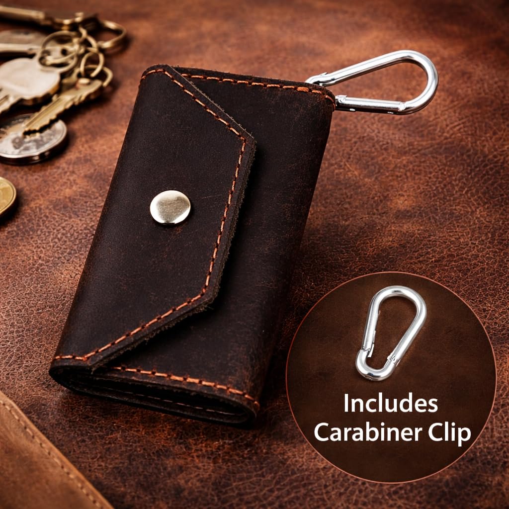 TheAntiq Genuine Leather Key Organizer Wallet – Compact Key Holder Case with 6 Hooks & Cash Pocket, Snap Closure Keychain with Carabiner for Car & Home Keys, Brown