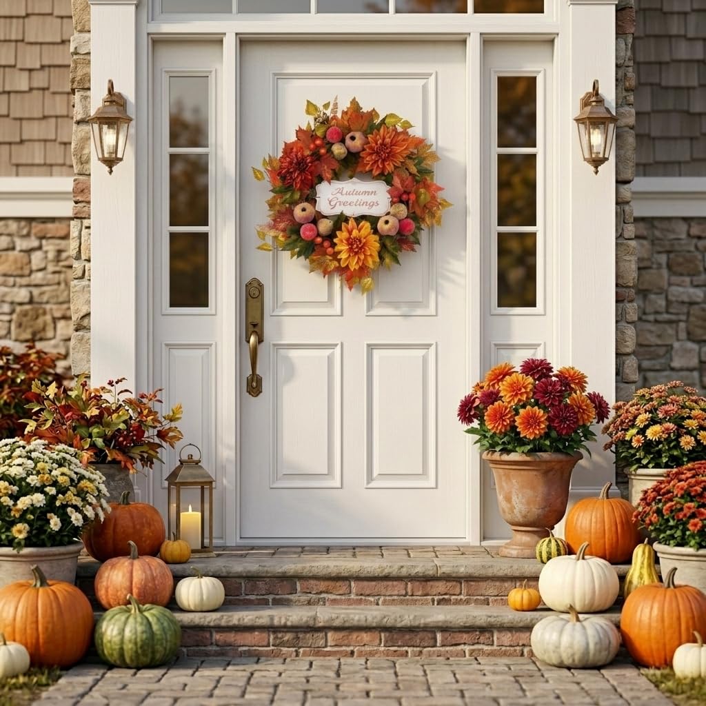 Valery Madelyn 24'' Collapsible Pre-Lit Fruits Fall Wreath for Front Door