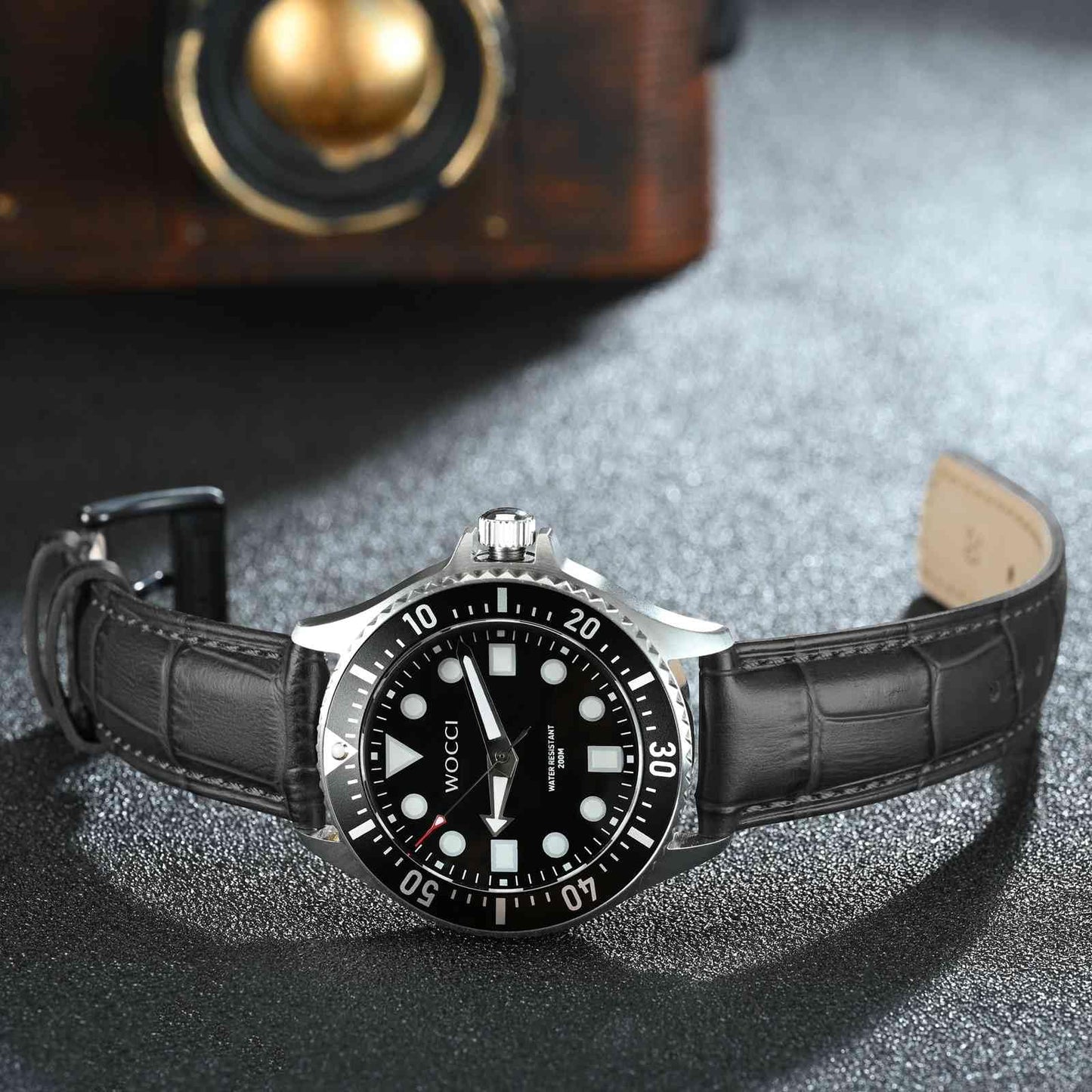 WOCCI 22mm Watch Band, Top Grain Leather, Embossed Alligator Grain, Quick Release, Black Buckle (Dark Grey)